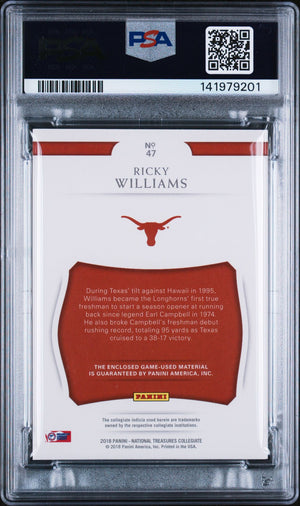Ricky Williams 2018 Panini National Treasures Collegiate Material Game Used Jersey Patch Signed Football Card #47 Graded PSA 9 Auto 10 Cert #141979201 Serial #72/99-Powers Sports Memorabilia