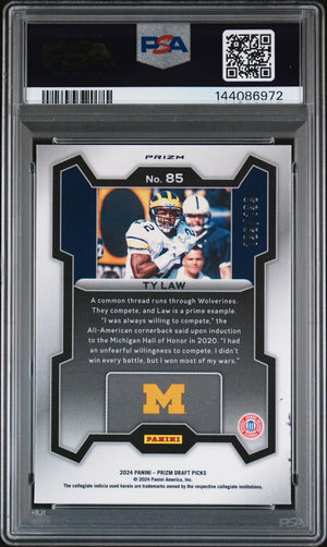 Ty Law 2024 Panini Prizm Draft Picks Michigan Wolverines Signed Football Card #85 Blue Prizm Authentic Auto Graded PSA 9 Cert #144086972 199/199-Powers Sports Memorabilia