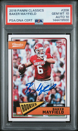 Baker Mayfield 2018 Panini Classics Oklahoma Sooners Signed Football RC Rookie Card #208 Graded PSA 10 Auto 10 Cert #144419500-Powers Sports Memorabilia