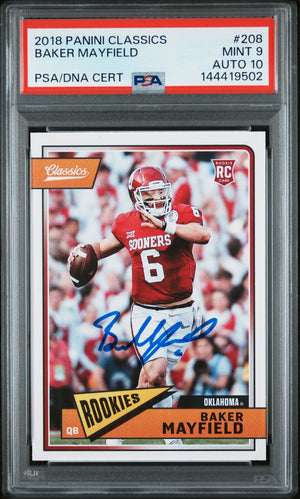 Baker Mayfield 2018 Panini Classics Oklahoma Sooners Signed Football RC Rookie Card #208 Graded PSA 9 Auto 10 Cert #144419502-Powers Sports Memorabilia