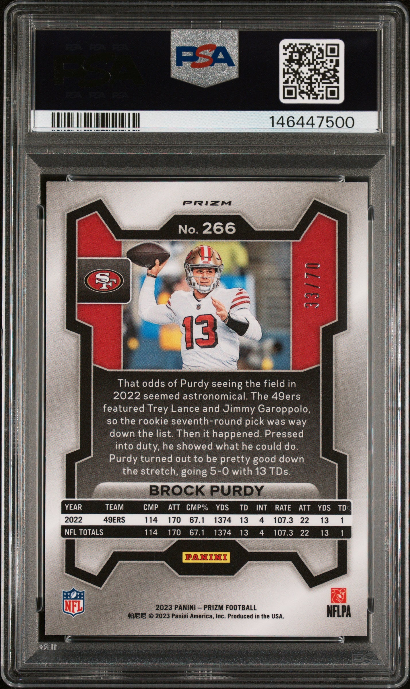 Brock Purdy 2023 Panini Prizm No Huddle Red Card #266 PSA 10 /70-Powers Sports Memorabilia