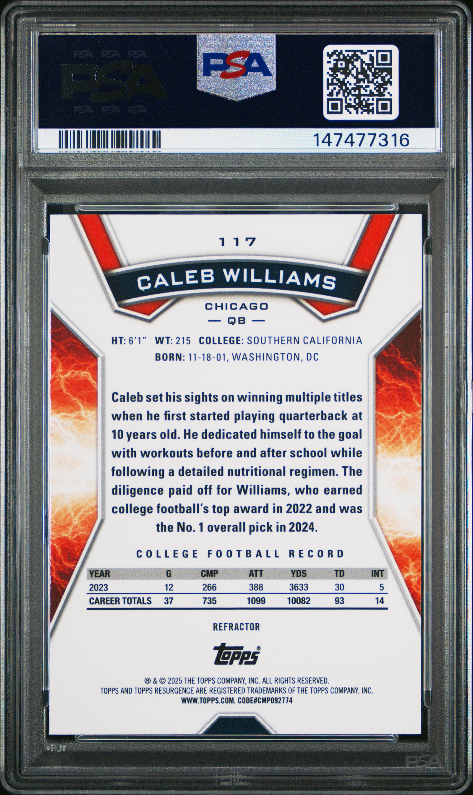 Caleb Williams 2024 Topps Resurgence Refractor Rookie Card #117 PSA 10-Powers Sports Memorabilia