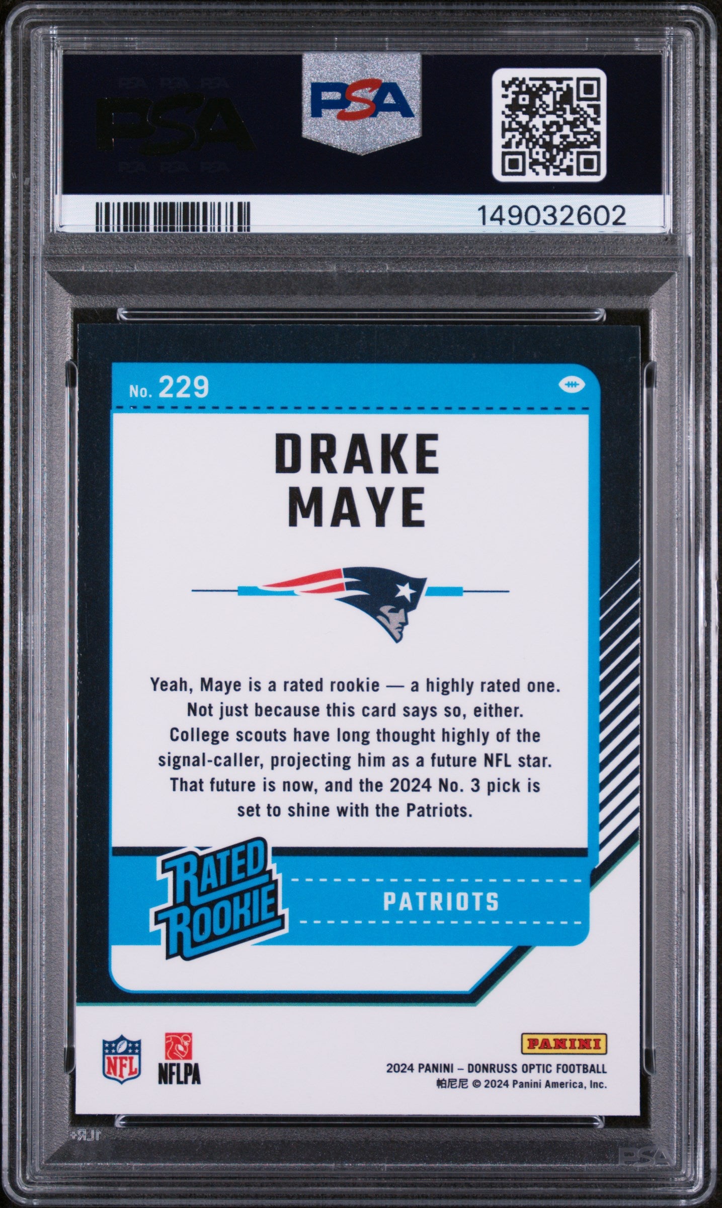 Drake Maye 2024 Donruss Optic Rookie Card #229 PSA 10-Powers Sports Memorabilia