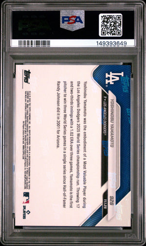 Yoshinobu Yamamoto 2025 Topps Now Los Angeles Dodgers World Series MVP Baseball Card #926 Graded PSA 10 Cert #149393649-Powers Sports Memorabilia
