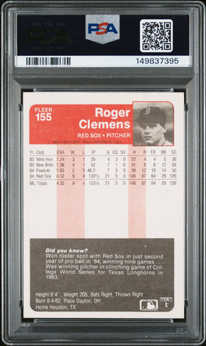 Roger Clemens 1985 Fleer Boston Red Sox Signed Baseball RC Rookie Card #155 Graded PSA 7 Auto 9 Cert #149837395