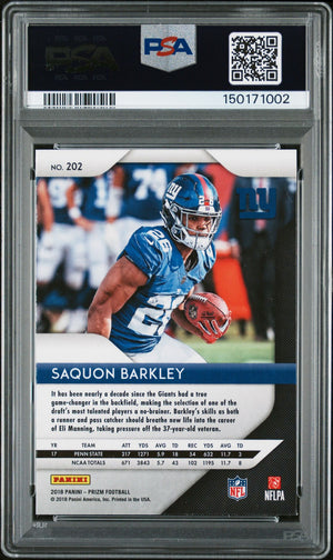Saquon Barkley 2018 Panini Prizm New York Giants Signed Football RC Rookie Card #202 Graded PSA 9 Auto 9 Cert #150171002