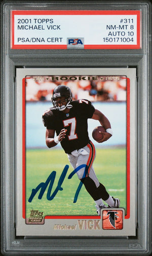 Michael Vick 2001 Topps Atlanta Falcons Signed Football RC Rookie Card #311 Graded PSA 8 Auto 10 Cert #150171004