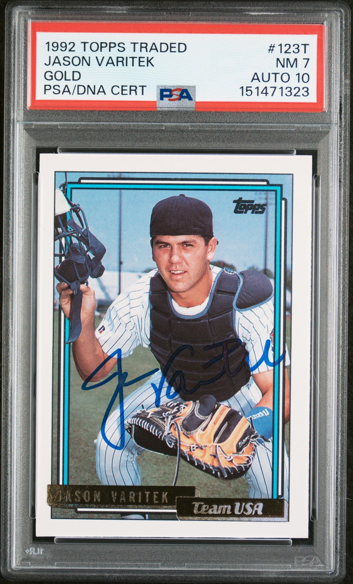 Jason Varitek 1992 Topps Traded Gold Team USA Signed Baseball Rookie Card RC #123T Graded PSA 7 Auto 10 Cert #151471323-Powers Sports Memorabilia