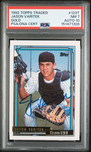 Jason Varitek 1992 Topps Traded Gold Team USA Signed Baseball Rookie Card RC #123T Graded PSA 7 Auto 10 Cert #151471326