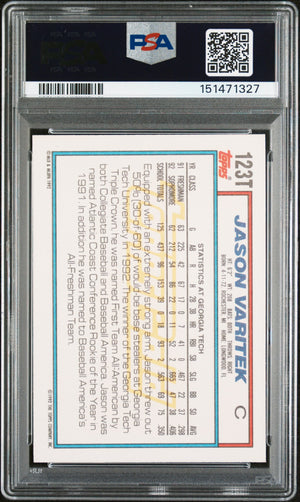Jason Varitek 1992 Topps Traded Gold Team USA Signed Baseball Rookie Card RC #123T Graded PSA 9 Auto 10 Cert #151471327