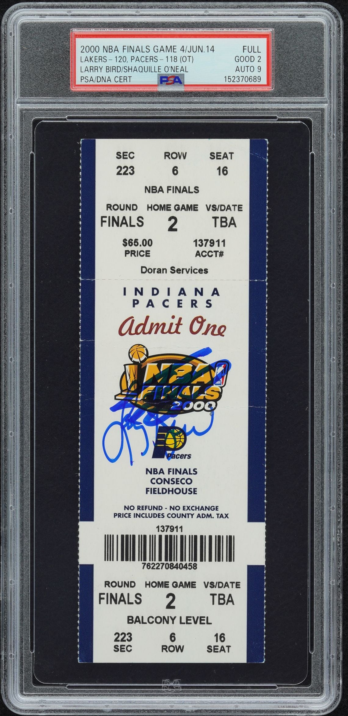 Shaquille O'Neal Larry Bird Autographed 2000 NBA Finals Game 4 Signed Ticket Stub Graded PSA 2 Auto 9 Lakers Pacers Cert #152370689-Powers Sports Memorabilia