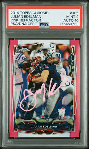Julian Edelman 2014 Topps Chrome Pink Refractor New England Patriots Signed Football Card #105 Graded PSA 9 Auto 10 Serial 367/399 Cert #155453733-Powers Sports Memorabilia