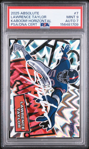 Lawrence Taylor 2025 Absolute Kaboom! Horizontal New York Giants Signed Football Card #7 Graded PSA 9 Auto 7 Cert #156481709