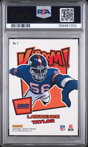 Lawrence Taylor 2025 Absolute Kaboom! Horizontal New York Giants Signed Football Card #7 Graded PSA 9 Auto 7 Cert #156481709