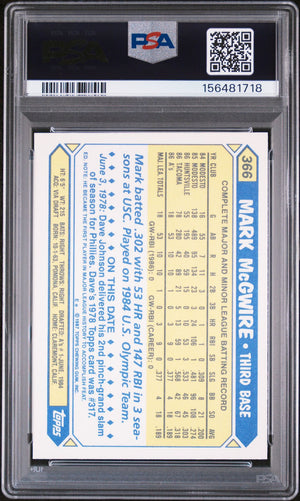 Mark McGwire 1987 Topps Tiffany Oakland Athletics Signed Baseball RC Rookie Card #366 Graded PSA 9 Auto 10 Cert #156481718