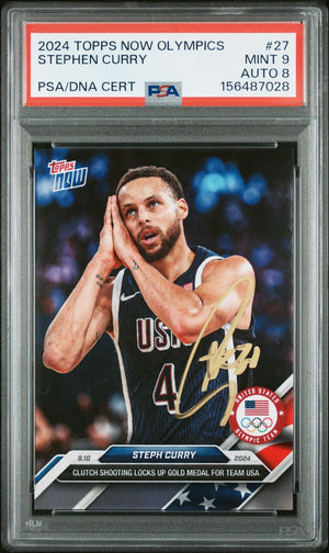 Stephen Curry 2024 Topps Now Olympics Team USA Night Night Signed Basketball Card #27 Graded PSA 9 Auto 8 Cert #156487028-Powers Sports Memorabilia