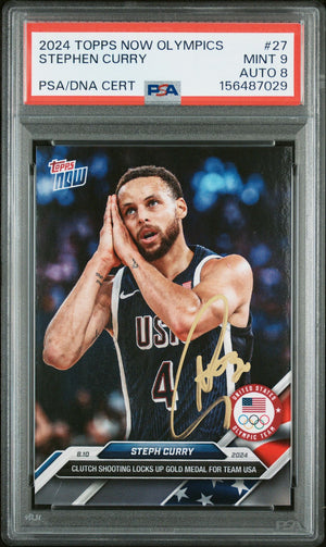Stephen Curry 2024 Topps Now Olympics Team USA Night Night Signed Basketball Card #27 Graded PSA 9 Auto 8 Cert #156487029-Powers Sports Memorabilia