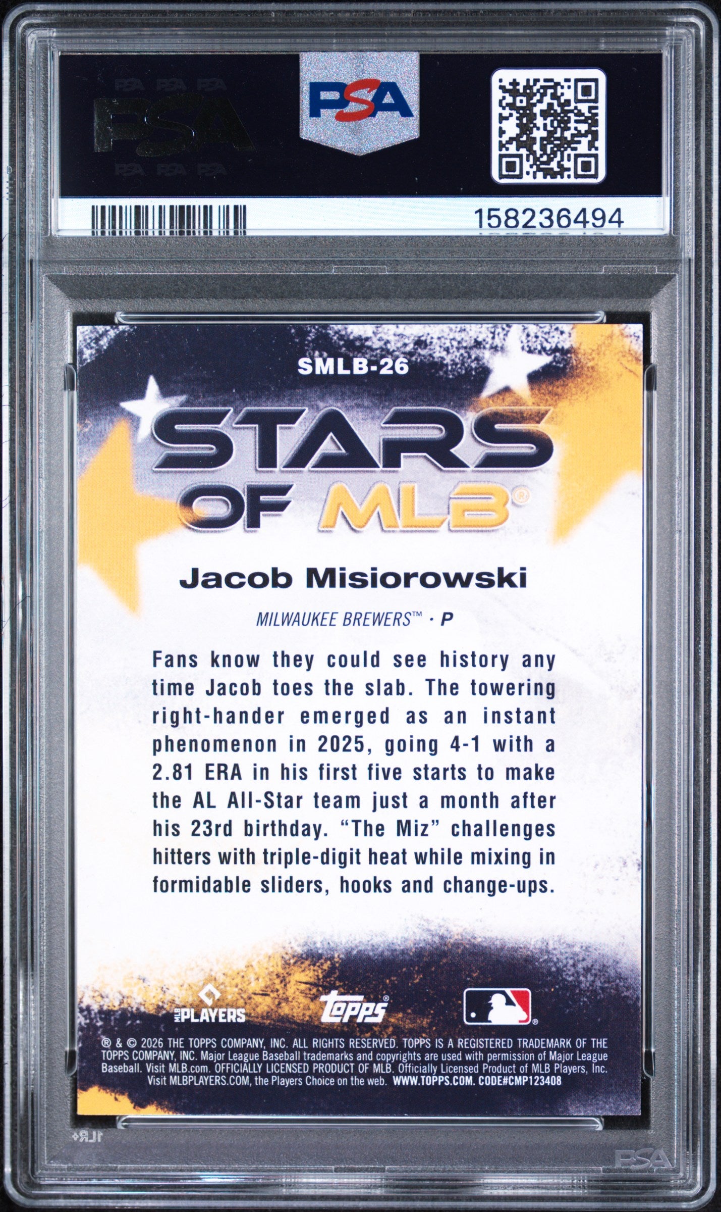 Jacob Misiorowski 2026 Topps Stars of MLB Rookie Card #26 PSA 9-Powers Sports Memorabilia