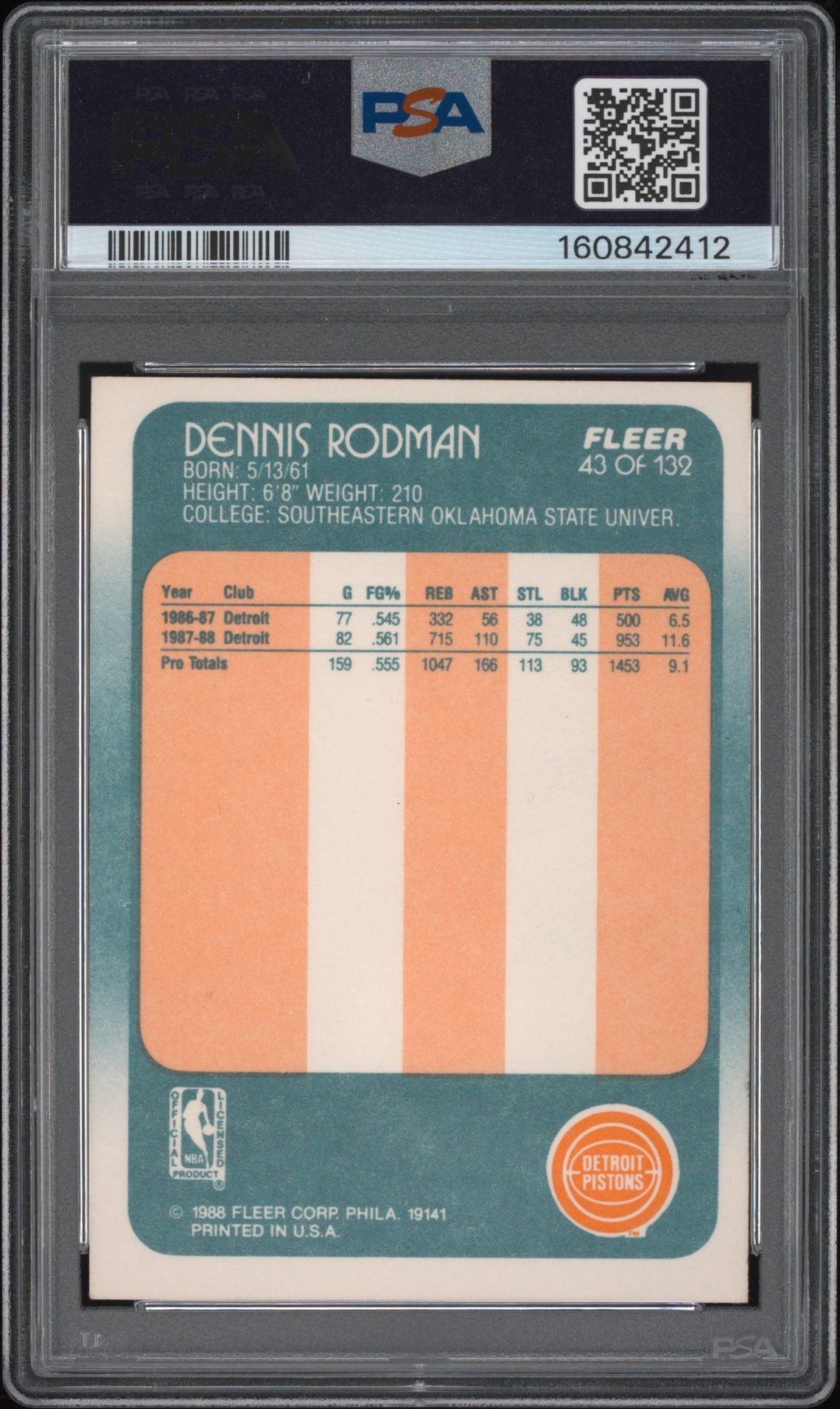 Dennis Rodman 1988 Fleer Rookie Card #43 PSA 4.5 Auto 9 Cert #160842412-Powers Sports Memorabilia