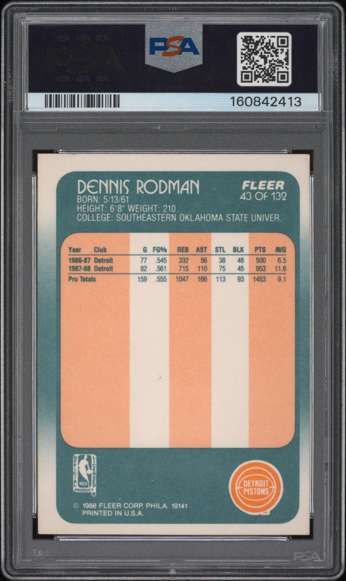 Dennis Rodman 1988 Fleer Rookie Card #43 PSA 3 Auto 8 Cert #160842413-Powers Sports Memorabilia