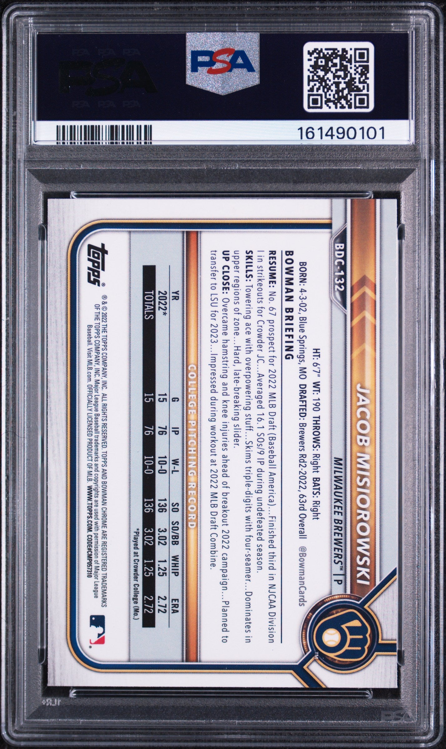 Jacob Misiorowski 2022 Bowman Chrome Refractor Rookie Card #BDC132 PSA 8-Powers Sports Memorabilia