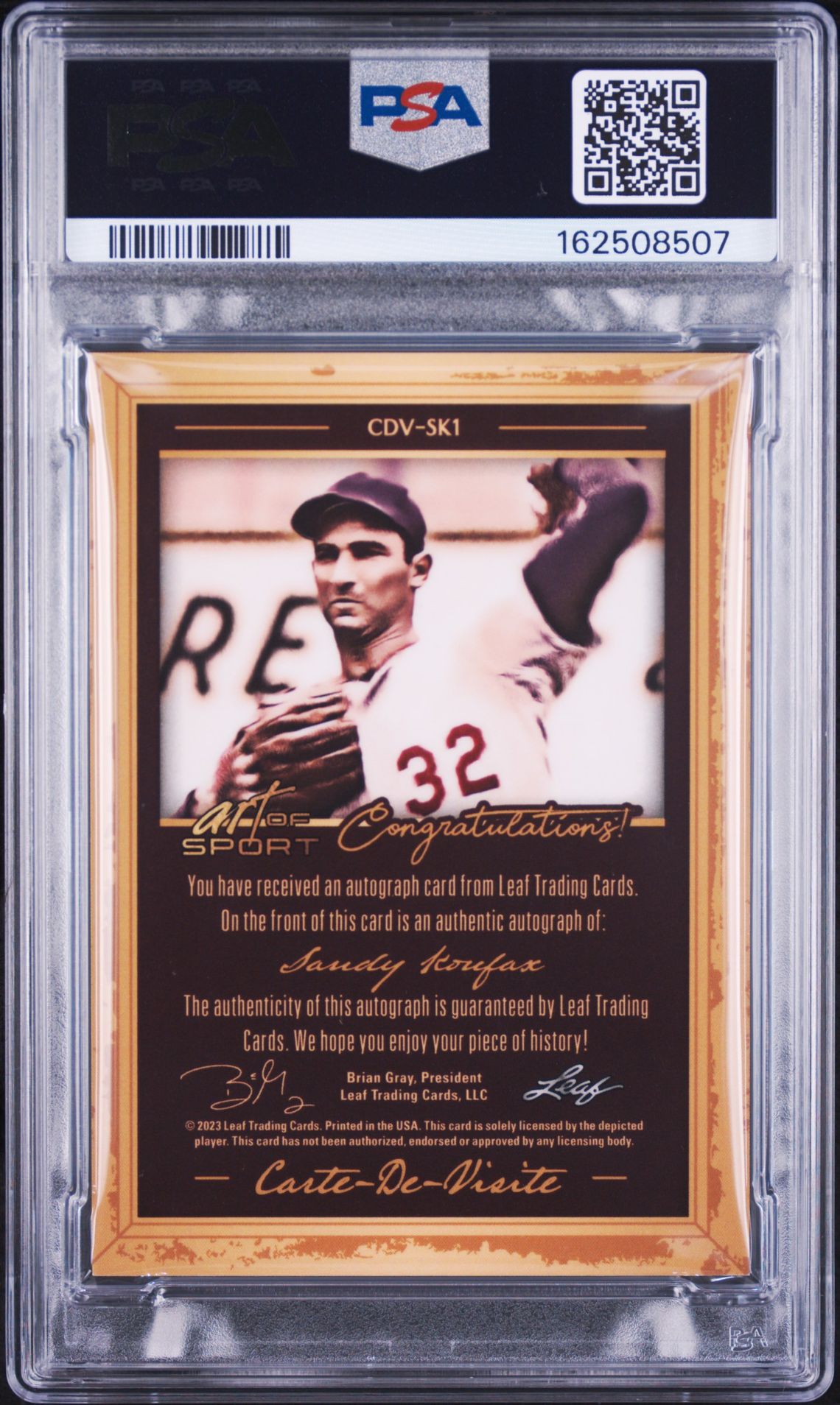 Sandy Koufax 2023 Leaf Art of Sport Card #CDVSK1 PSA 8 Auto 10 1/1
