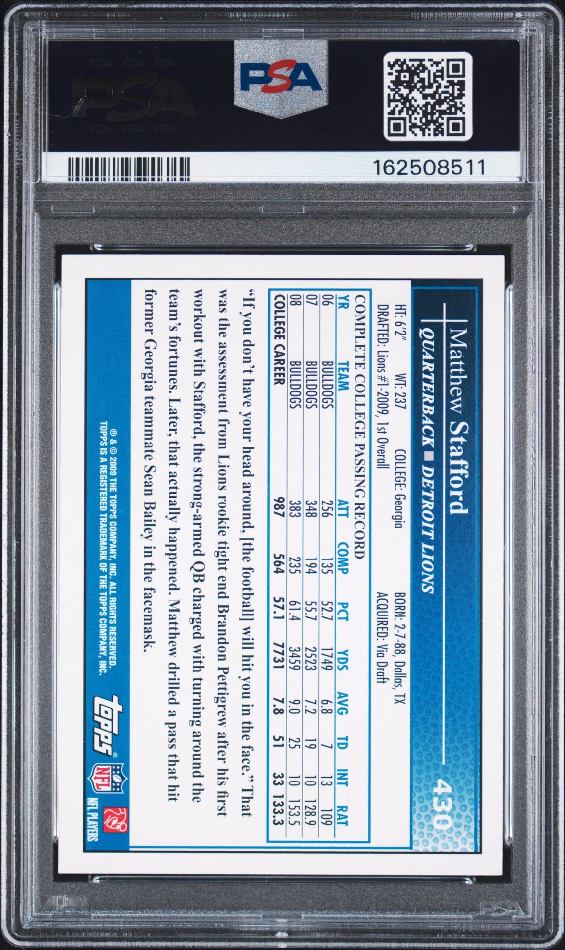 Matthew Stafford 2009 Topps Throwing Rookie Card #430 PSA 9 Auto 10-Powers Sports Memorabilia