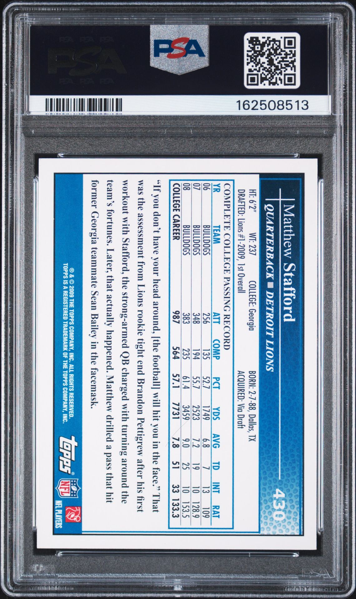 Matthew Stafford 2009 Topps Throwing Rookie Card #430 PSA 8 Auto 9