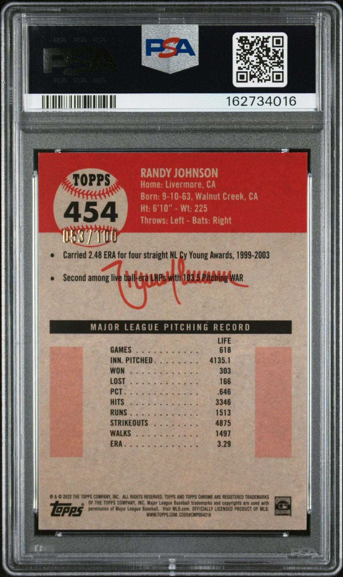 Randy Johnson 2022 Topps Chrome Fuchsia Refractor #454 PSA 10 Auto 10 /100-Powers Sports Memorabilia