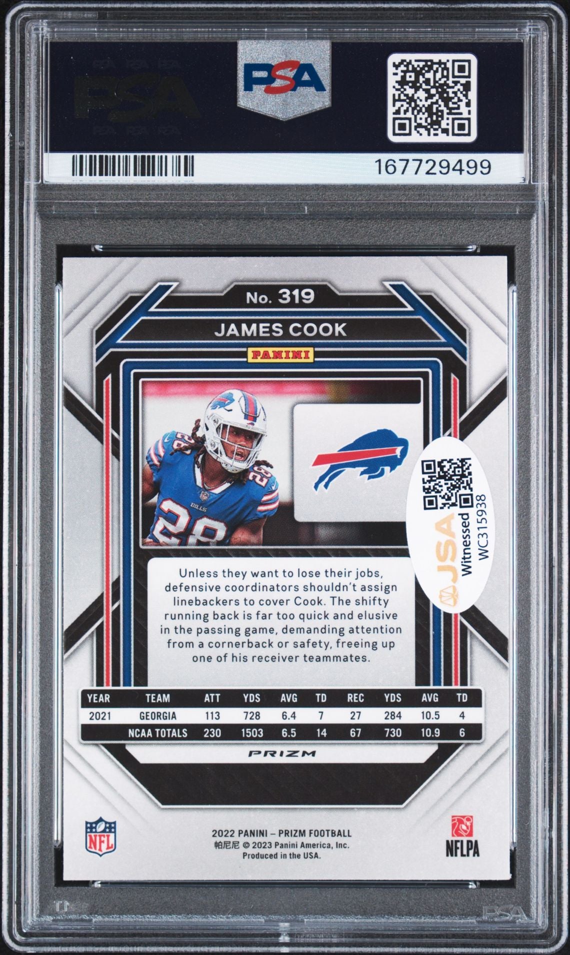 James Cook 2022 Prizm Red White Blue Rookie Card #319 PSA 8 Auto 10 7729499-Powers Sports Memorabilia