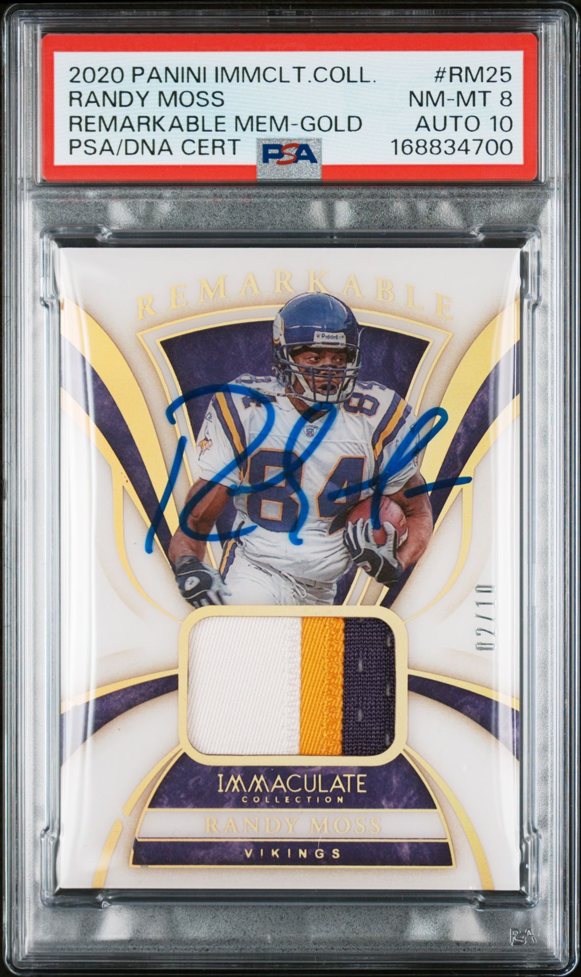 Randy Moss 2020 Panini Immaculate Gold Jersey Patch RM25 PSA 8 Auto 10 2/10-Powers Sports Memorabilia