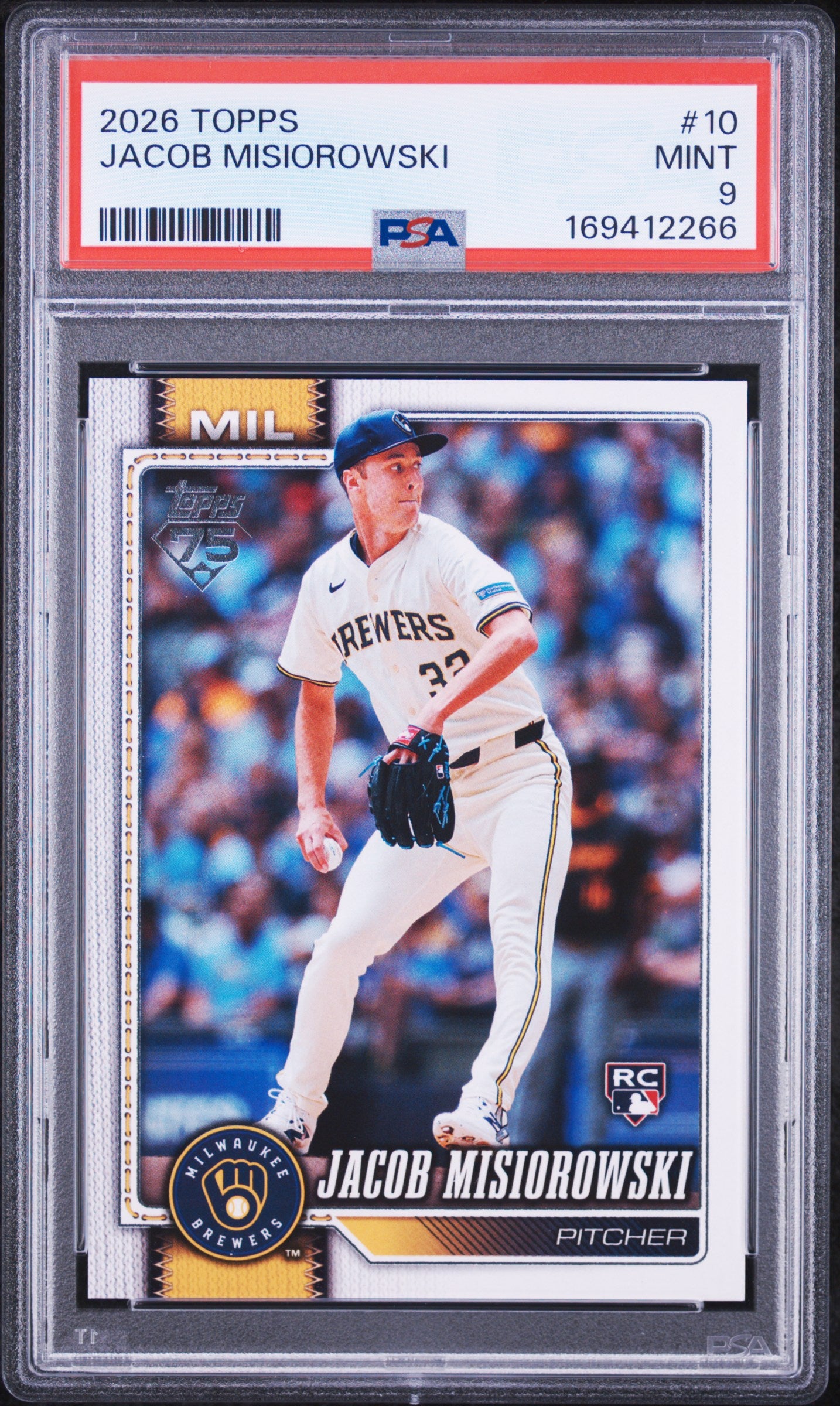 Jacob Misiorowski 2026 Topps Brewers Rookie Card #10 PSA 9-Powers Sports Memorabilia