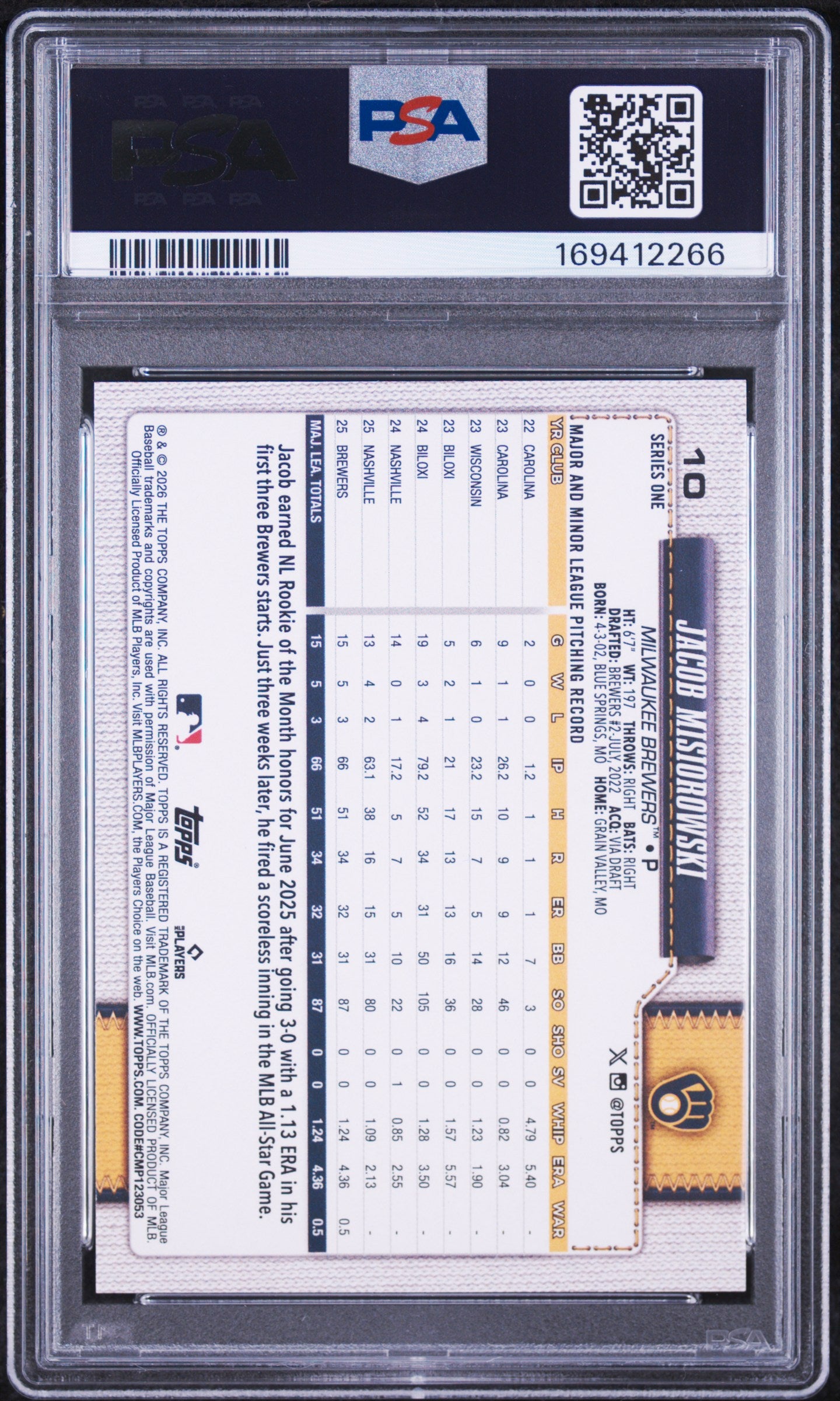 Jacob Misiorowski 2026 Topps Brewers Rookie Card #10 PSA 9-Powers Sports Memorabilia
