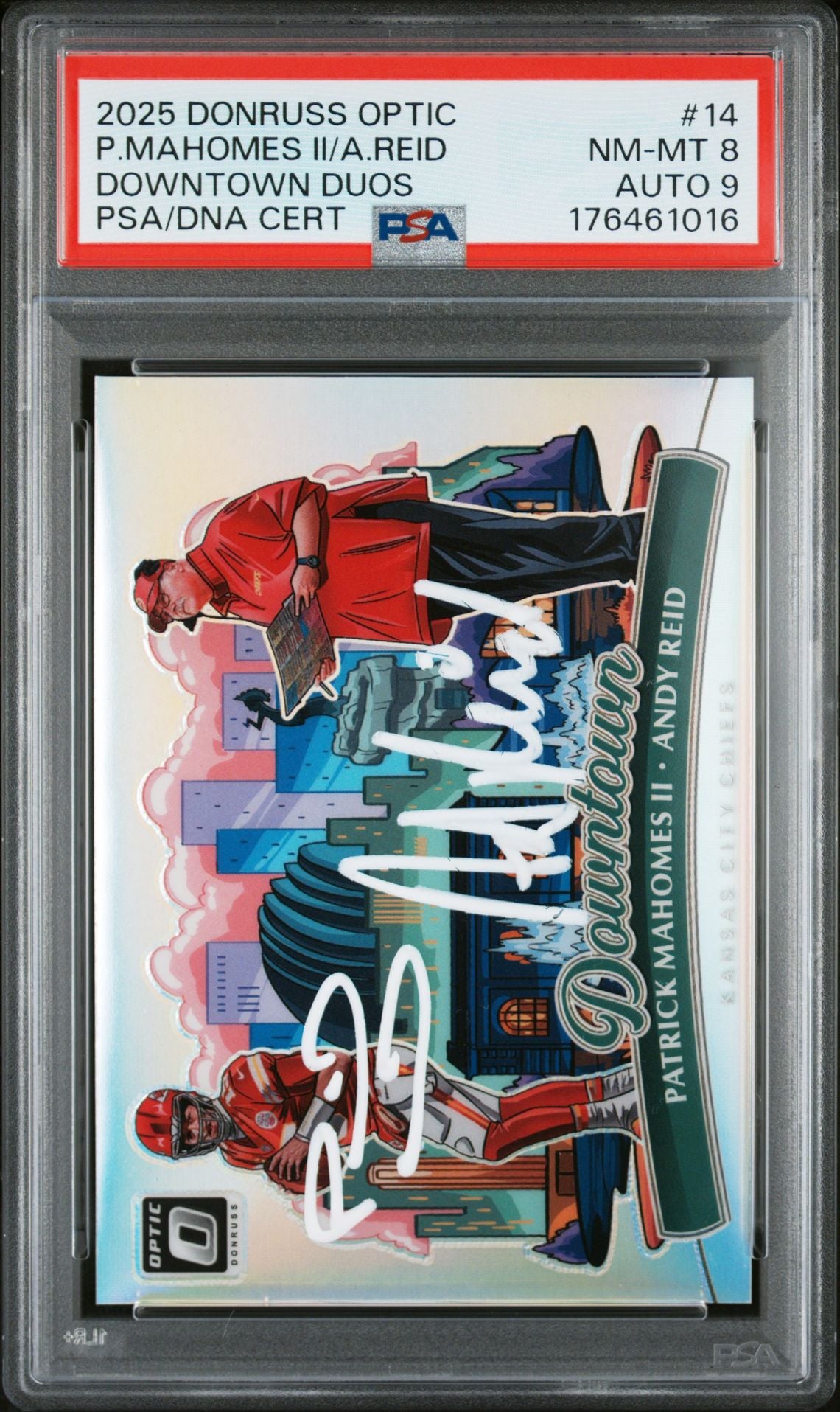Patrick Mahomes II Andy Reid 2025 Panini Optic Downtown Signed Card #14 PSA 8 Auto 9-Powers Sports Memorabilia