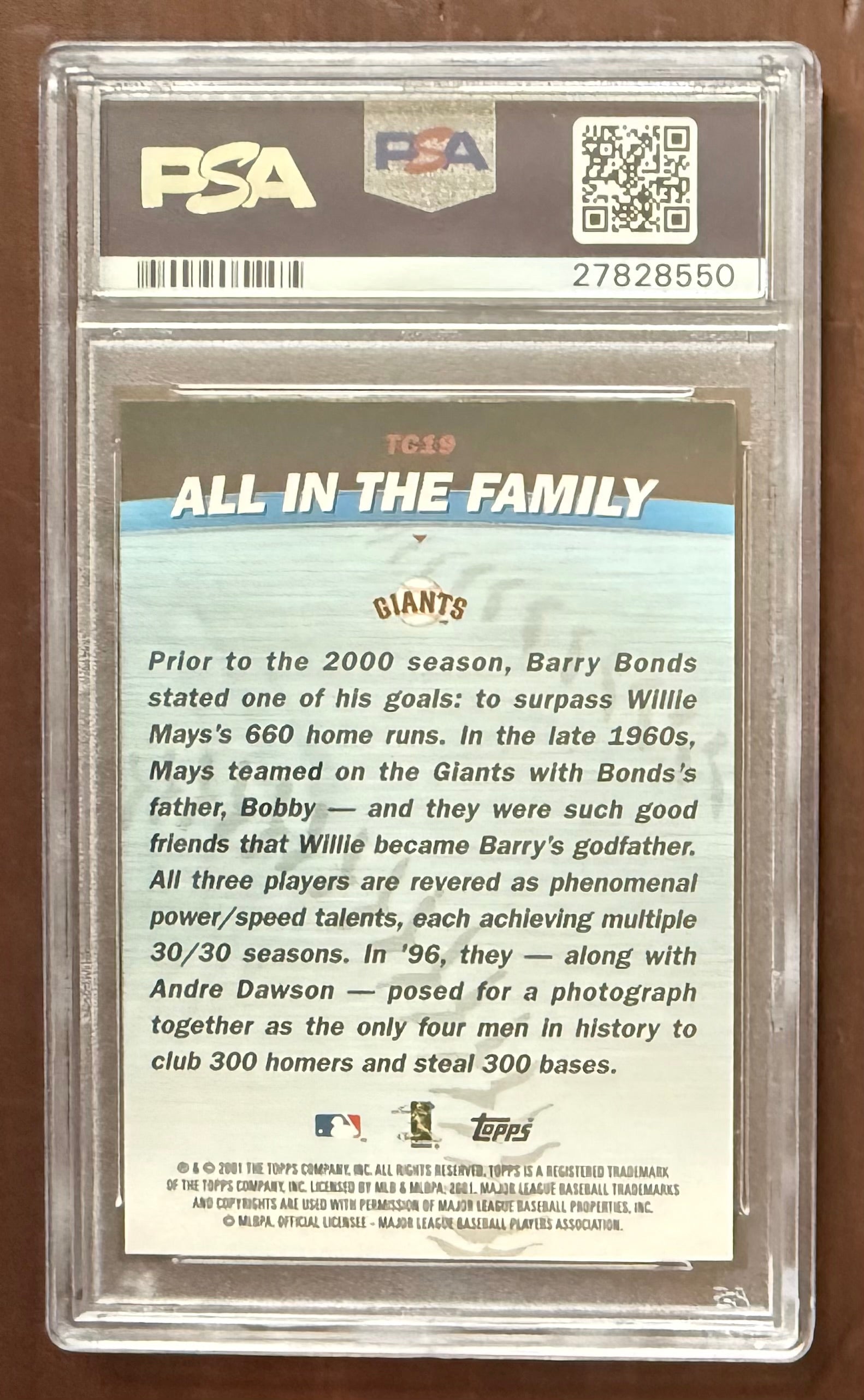 Barry Bonds Willie Mays 2001 Topps Combos All In The Family San Francisco Giants Baseball Card #TC19 Graded PSA 8 Cert #27828550-Powers Sports Memorabilia