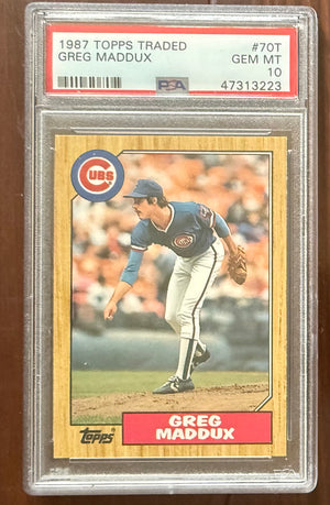 Greg Maddux 1987 Topps Traded Chicago Cubs Baseball Rookie Card RC #70T Graded PSA 10 Cert #47313223-Powers Sports Memorabilia