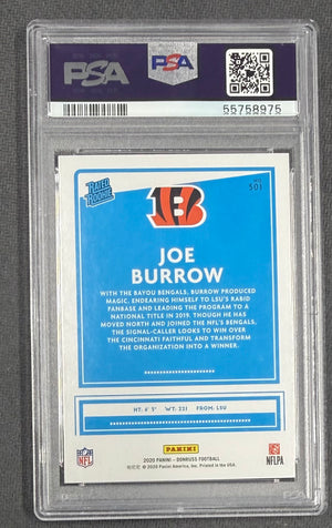 Joe Burrow 2020 Panini Donruss Rated Rookie Cincinnati Bengals Football RC Card #301 Graded PSA 10 Cert #55758975