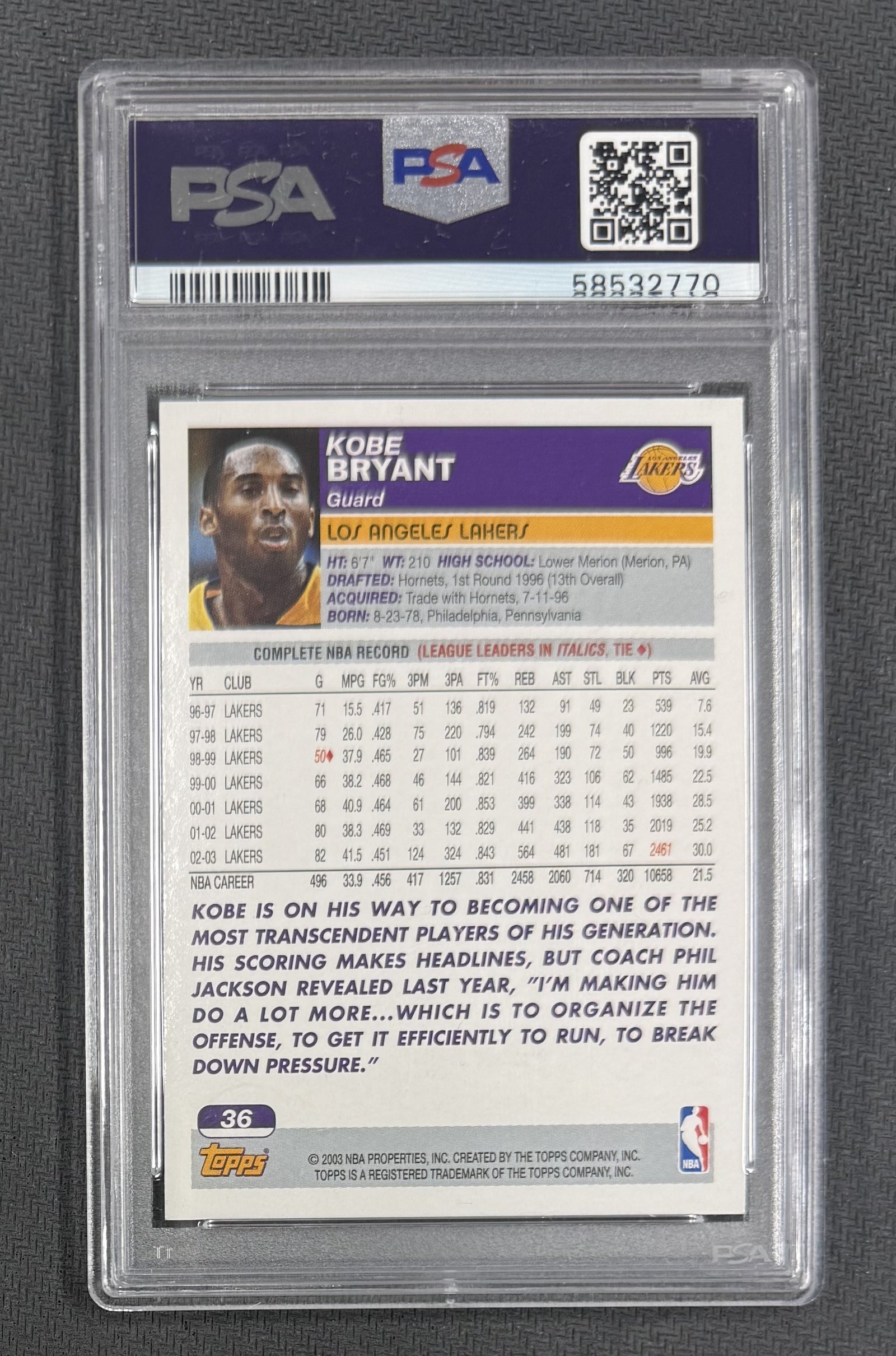 Kobe Bryant 2003 Topps Los Angeles Lakers Card #36 PSA 7-Powers Sports Memorabilia