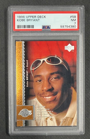 Kobe Bryant 1996 Upper Deck Los Angeles Lakers Basketball RC Rookie Card #58 Graded PSA 7 Cert #59754380-Powers Sports Memorabilia