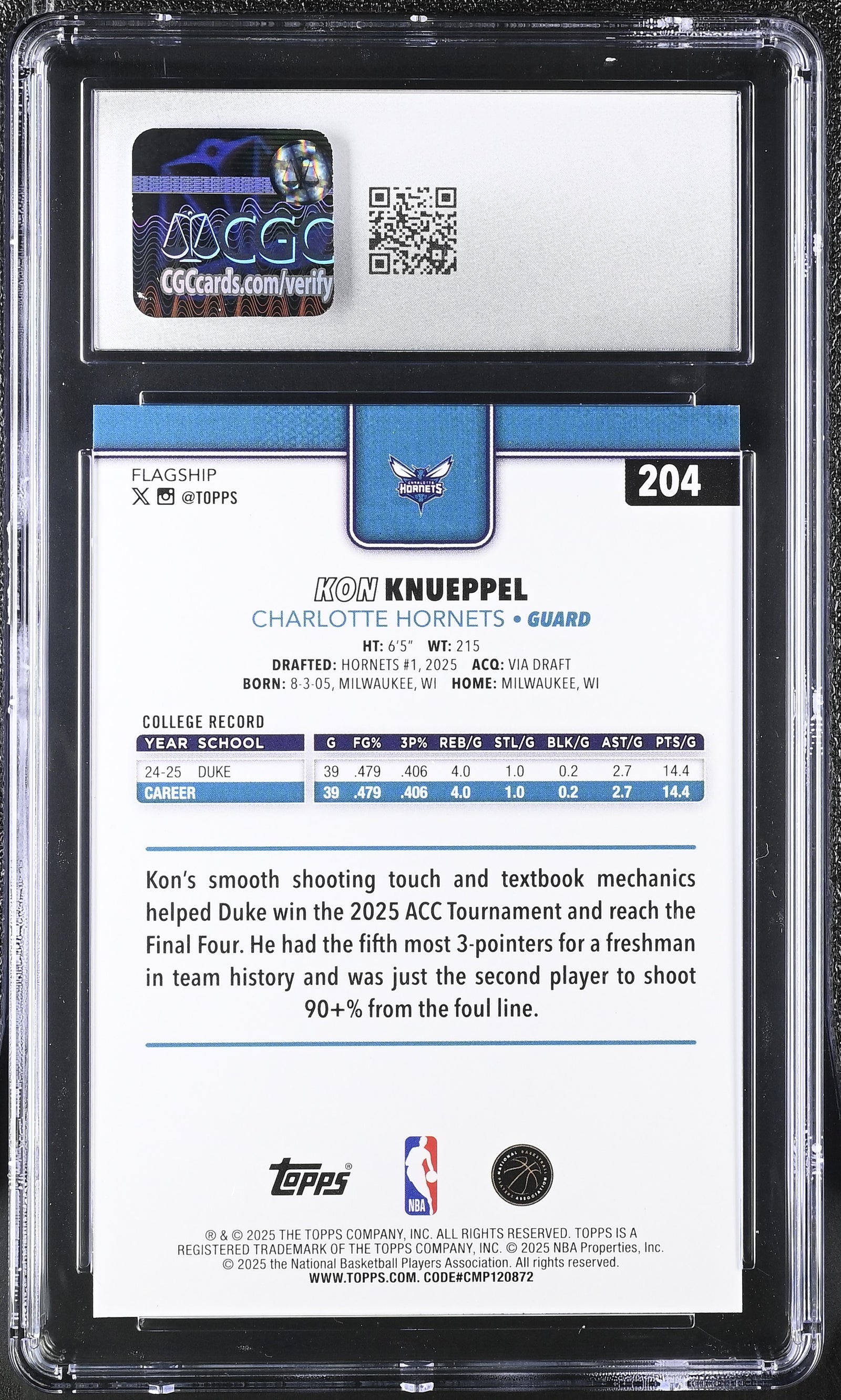 Kon Knueppel 2025-26 Topps Basketball Rookie Card #204 Graded CGC 10 Cert #6124758223-Powers Sports Memorabilia