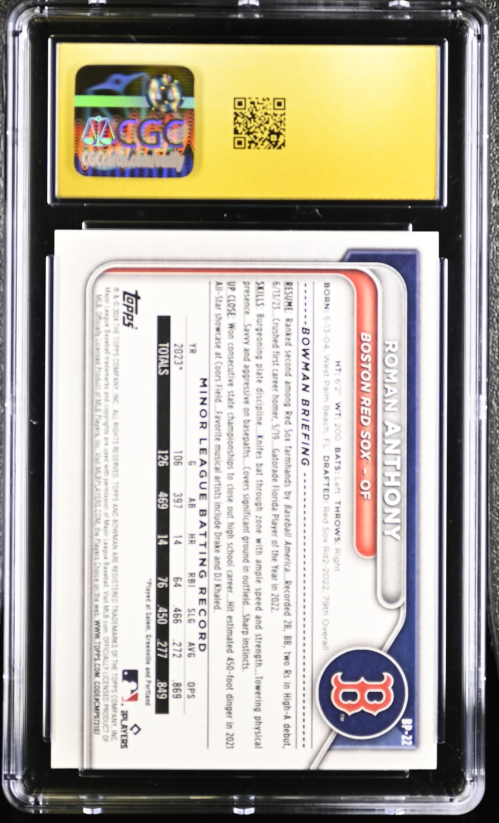 Roman Anthony 2024 Bowman Prospects Rookie Card #BP-22 CGC Pristine 10-Powers Sports Memorabilia