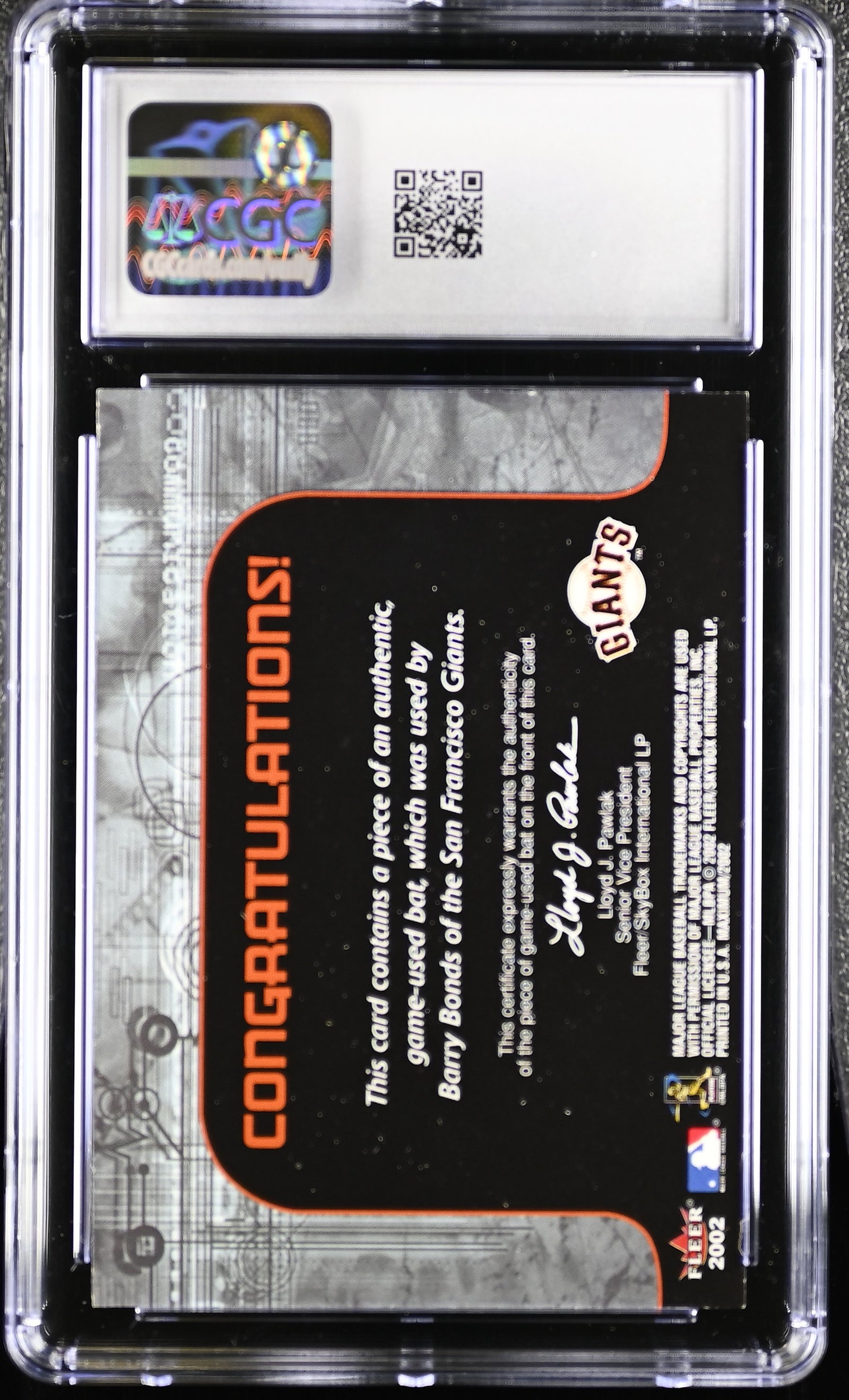 Barry Bonds 2002 Fleer Maximum Game-Used Bat Card #3 CGC 7-Powers Sports Memorabilia