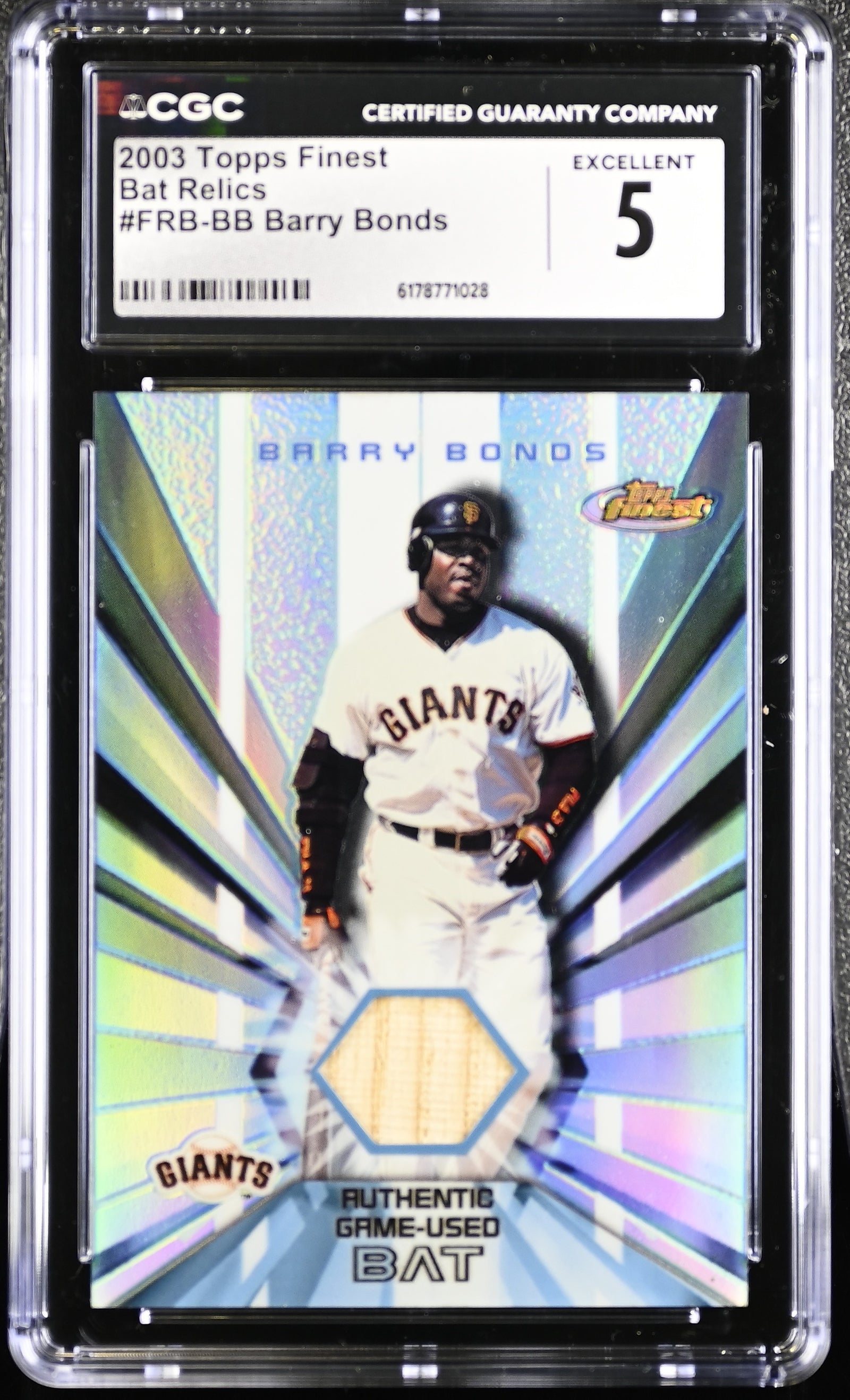 Barry Bonds 2003 Topps Finest Game-Used Bat Card #FRB-BB CGC 5-Powers Sports Memorabilia