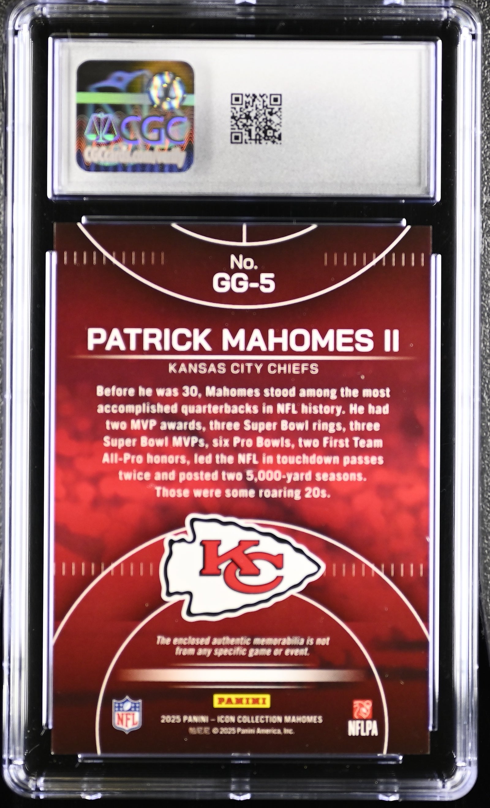 Patrick Mahomes II 2025 Panini Icon Patch Card #GG-5 CGC 9.5-Powers Sports Memorabilia