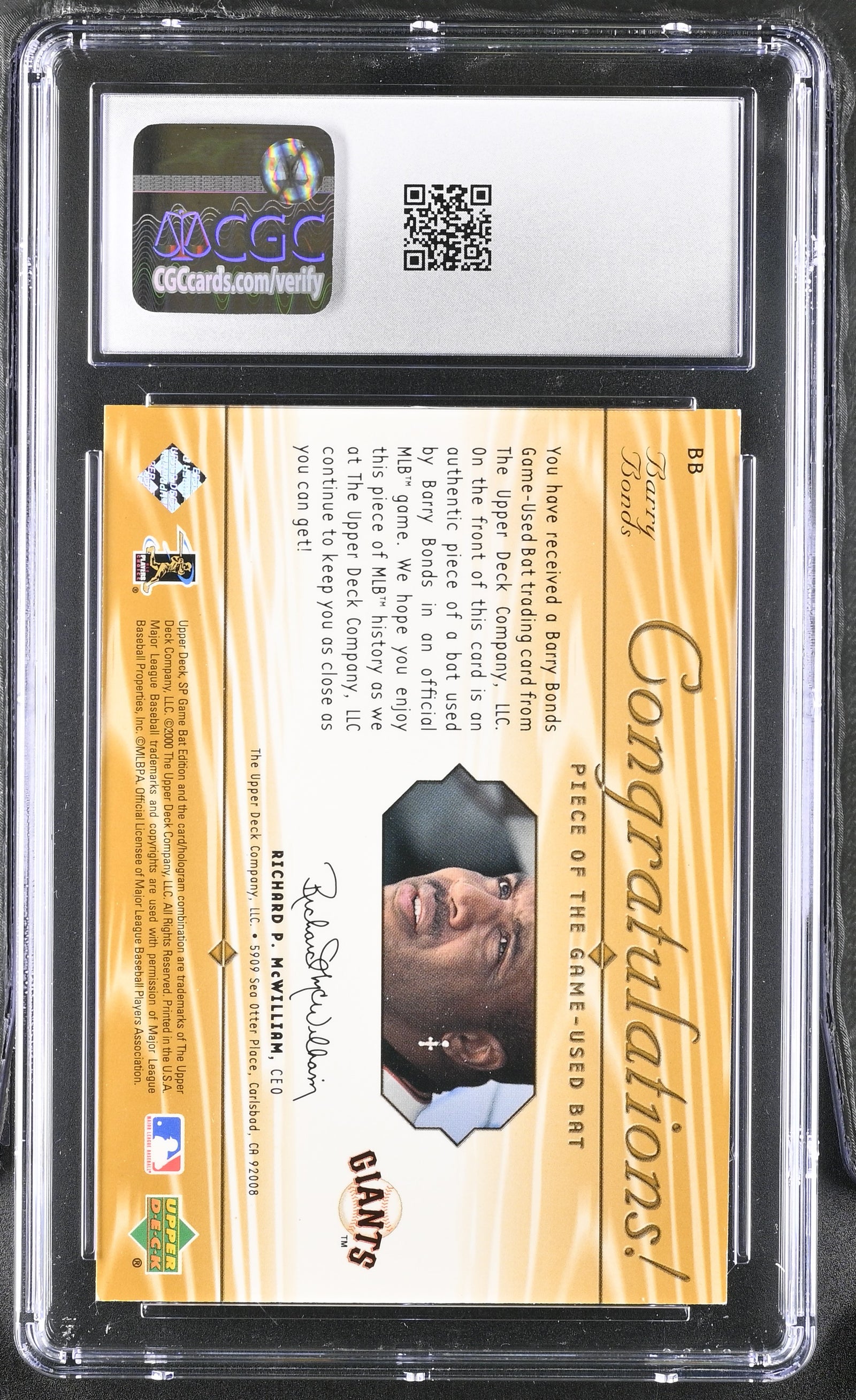 Barry Bonds 2001 Upper Deck Game-Used Bat Card #BB CGC 7.5-Powers Sports Memorabilia