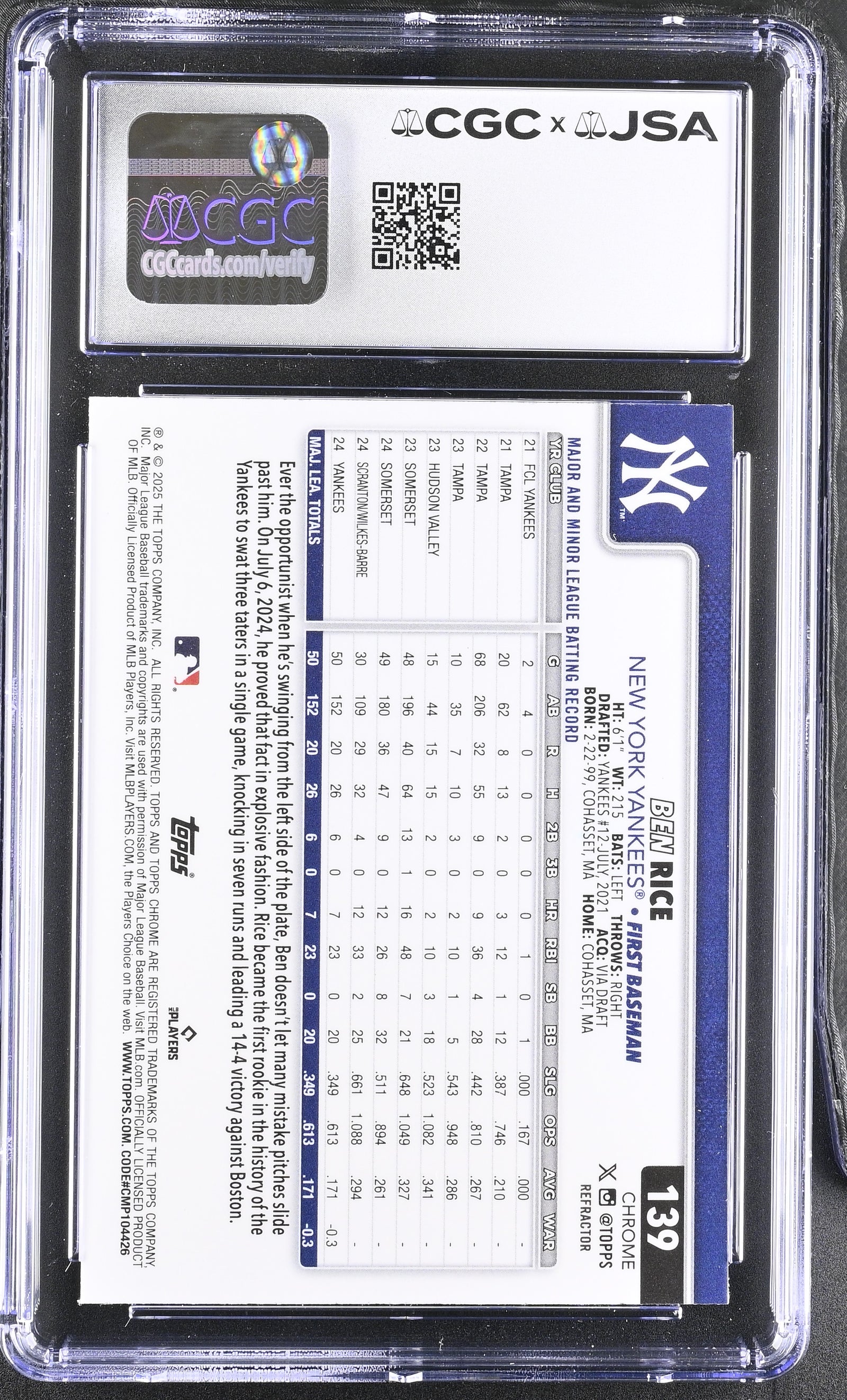 Ben Rice 2025 Topps Chrome Refractor Rookie Card #139 CGC 8.5 Auto 10 47001-Powers Sports Memorabilia