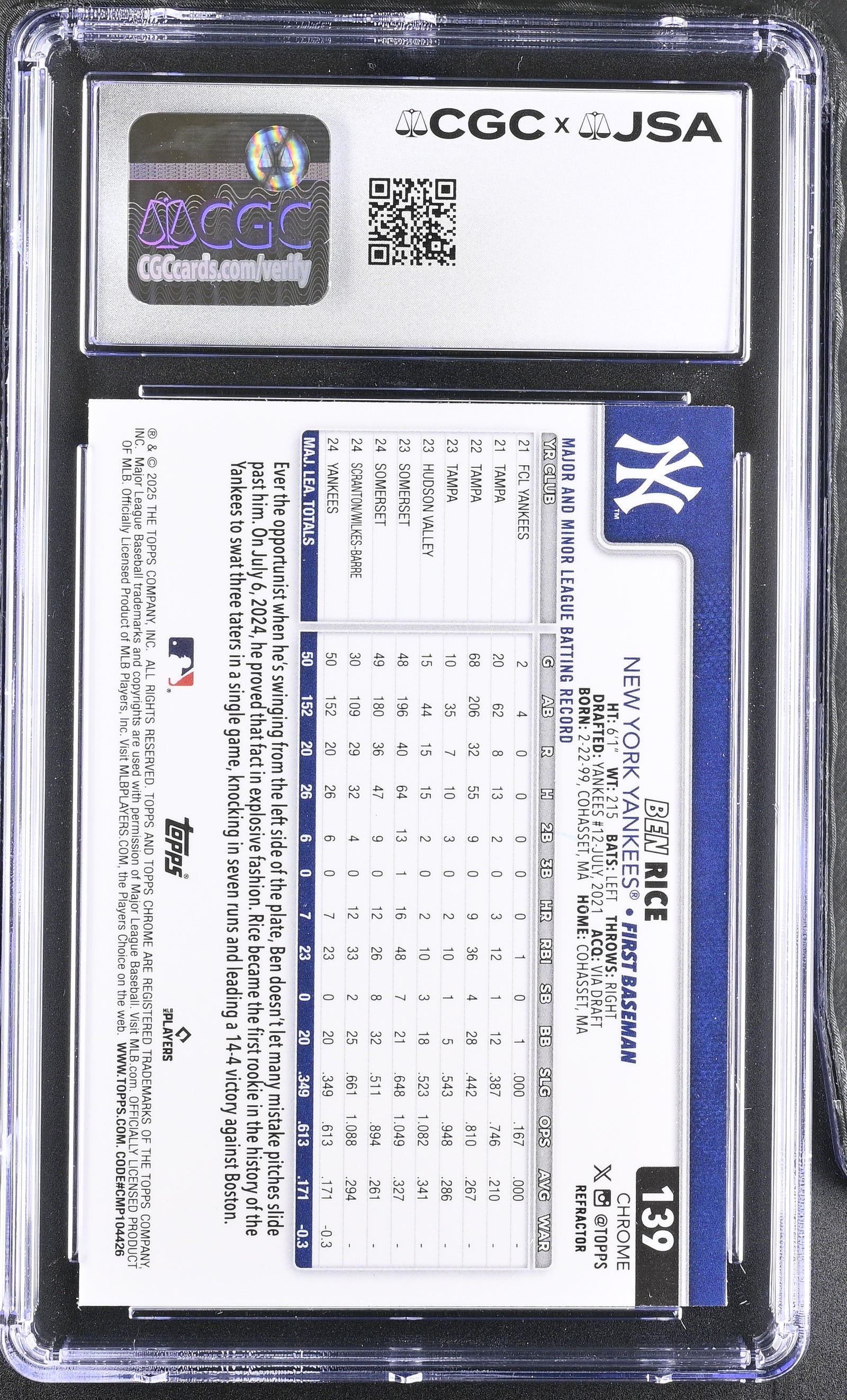 Ben Rice 2025 Topps Chrome Refractor Rookie Card #139 CGC 8.5 Auto 10 47002-Powers Sports Memorabilia