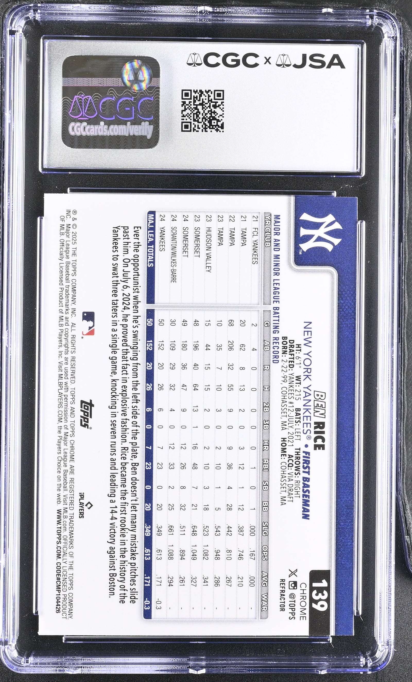 Ben Rice 2025 Topps Chrome Refractor Rookie Card #139 CGC 8.5 Auto 10 47005 - additional image
