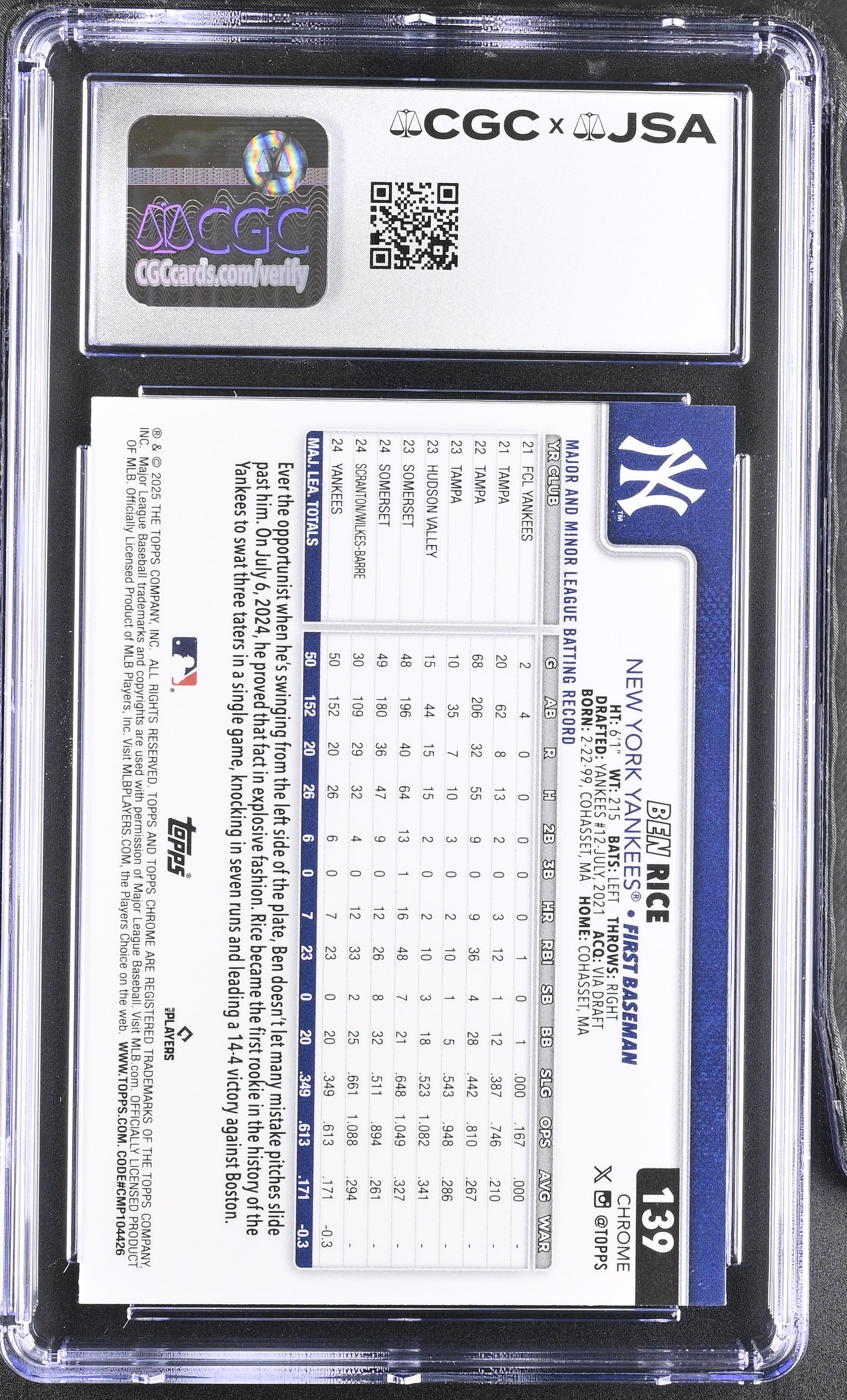 Ben Rice 2025 Topps Chrome Sepia Refractor Rookie Card #139 CGC 9 Auto 10 - additional image