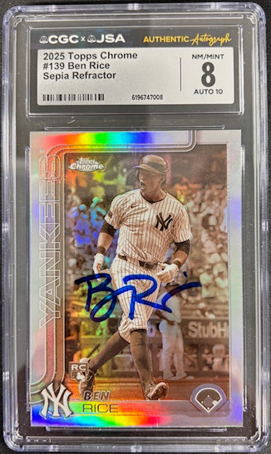 Ben Rice 2025 Topps Chrome Sepia Refractor Rookie Card #139 CGC 8 Auto 10